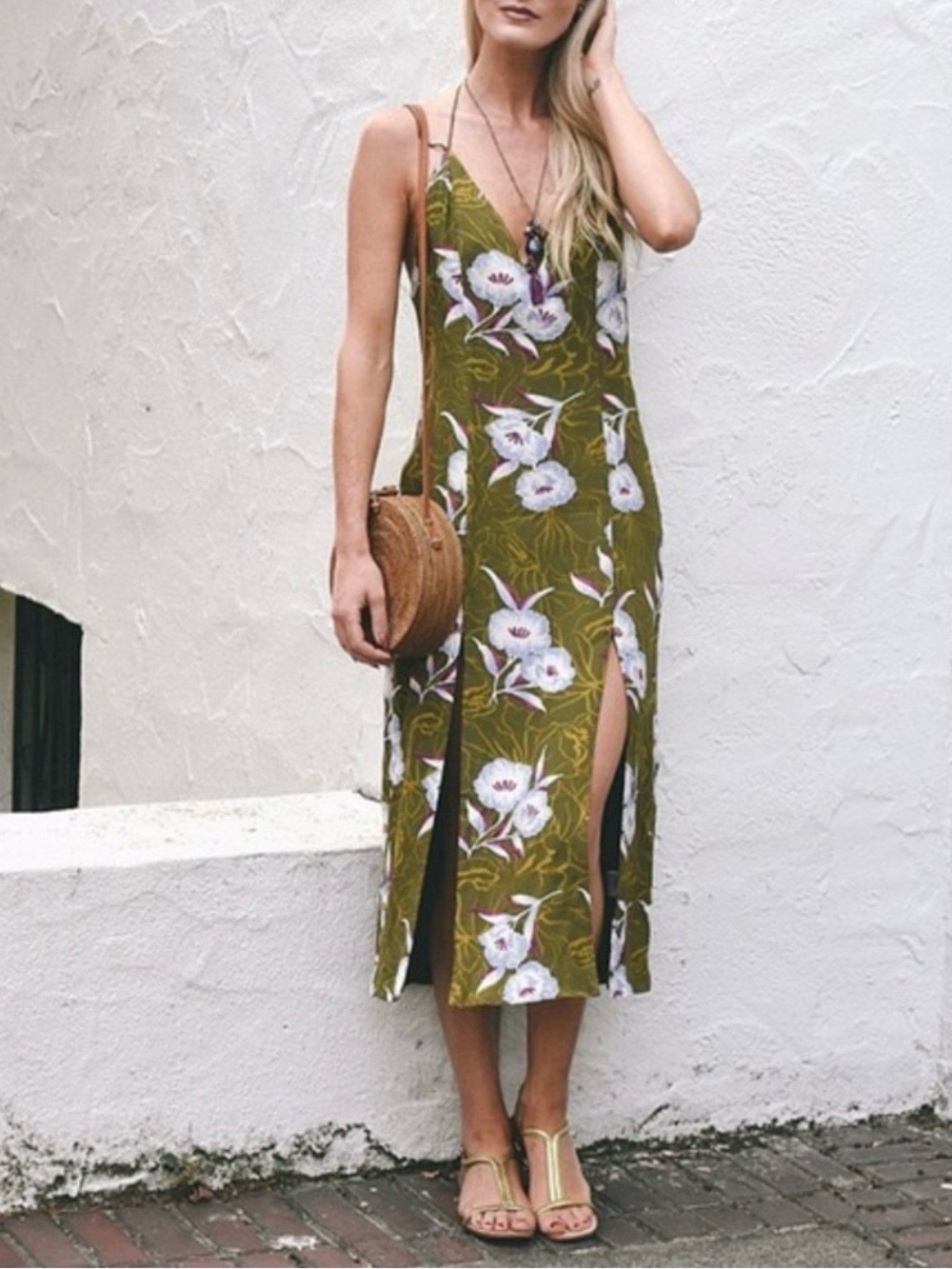 silence + noise Olive Slip Dress with Lavender and White Floral Print
